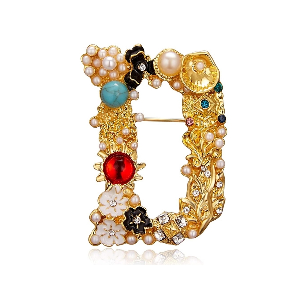 Handmade Gold Plated Crystal and Pearl Initial 'D'  Letter Alphabet Brooch Pin